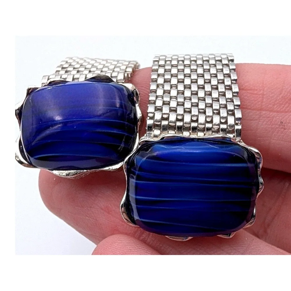 Vintage Silver Tone Mesh Wrap Cufflinks Blue Art Glass Stone Mid Century Modern